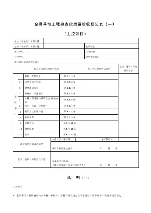 金属幕墙关键工程检验批质量验收记录表