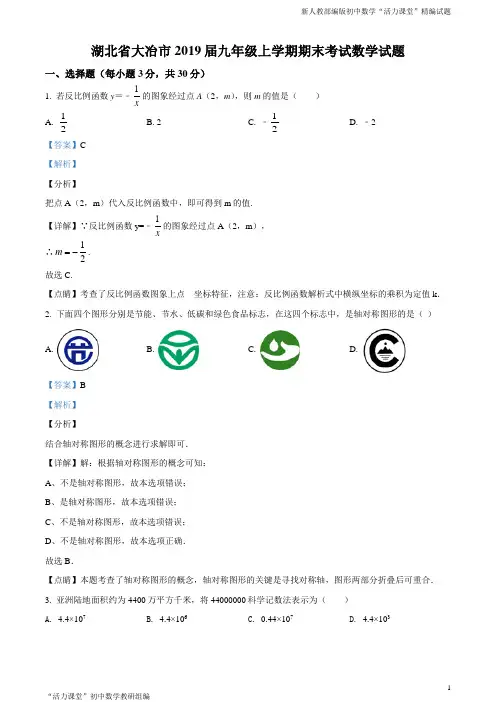 湖北省大冶市2019届九年级上学期期末考试数学试题(解析版)