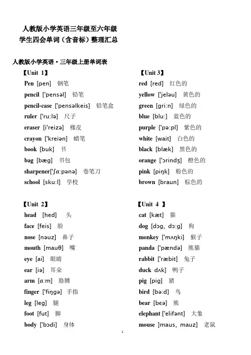 人教版小学英语三年级至六年级学生四会单词(含音标)整理汇总