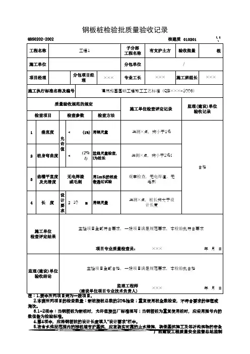 钢板桩检验批质量验收记录(最新版)
