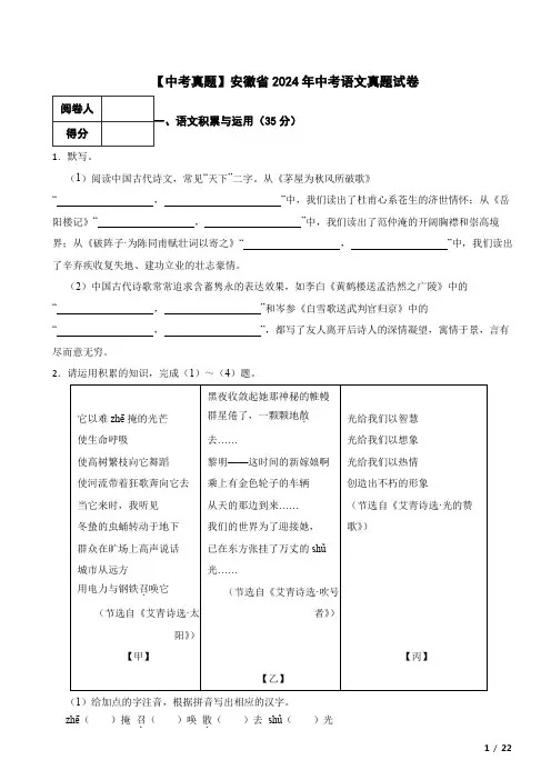 【中考真题】安徽省2024年中考语文真题试卷 附解析
