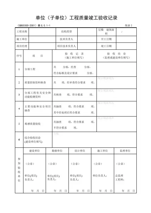 单位工程质量竣工验收记录表(统表1-4)