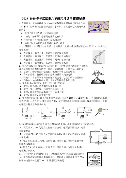 2019 -2020学年武汉市九年级元月调考物理模拟试题