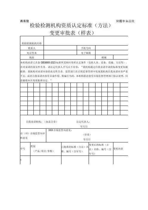 检验检测机构资质认定标准(方法)变更审批表(样表)