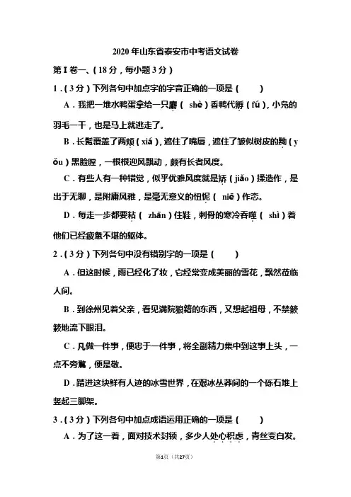 2020年山东省泰安市中考语文试题和答案