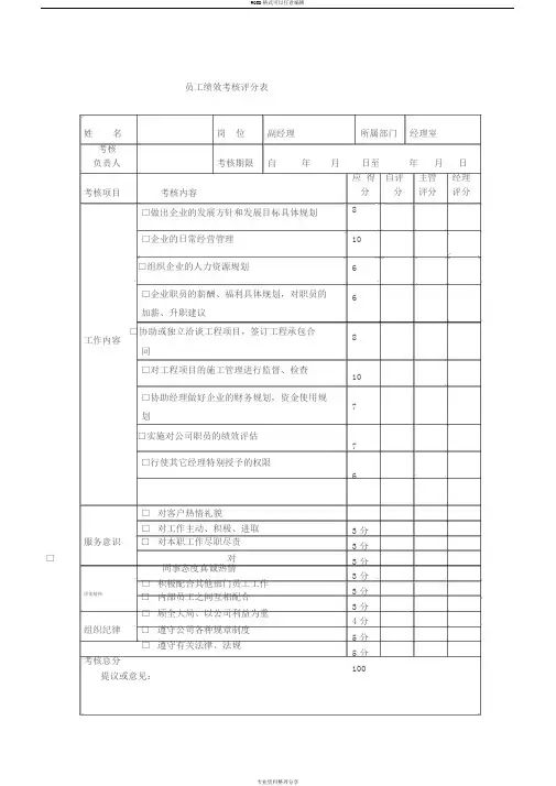 建筑公司绩效考核评分表