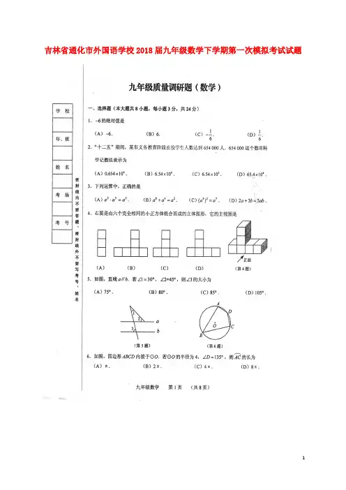 吉林省通化市外国语学校九年级数学下学期第一次模拟考