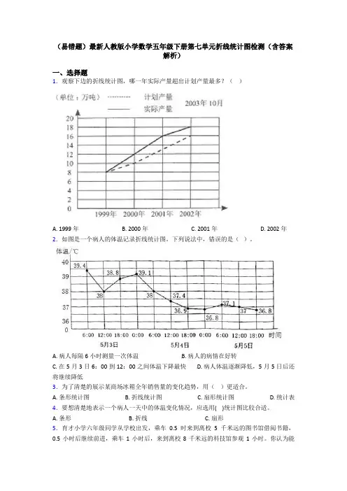 (易错题)最新人教版小学数学五年级下册第七单元折线统计图检测(含答案解析)
