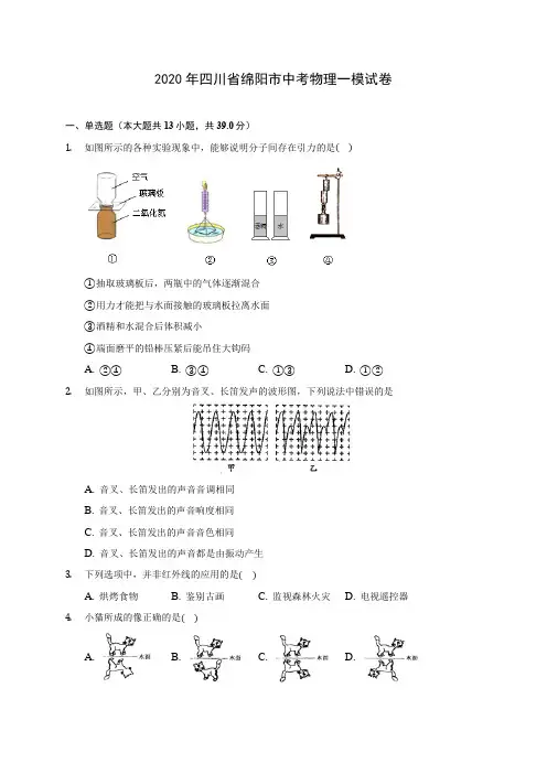 2020年四川省绵阳市中考物理一模试卷 (含解析)
