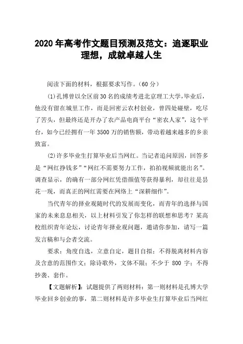 2020年高考作文题目预测及范文：追逐职业理想,成就卓越人生