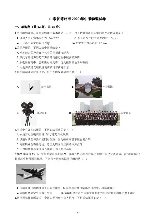 山东省德州市2020年中考物理试卷(含答案解析)