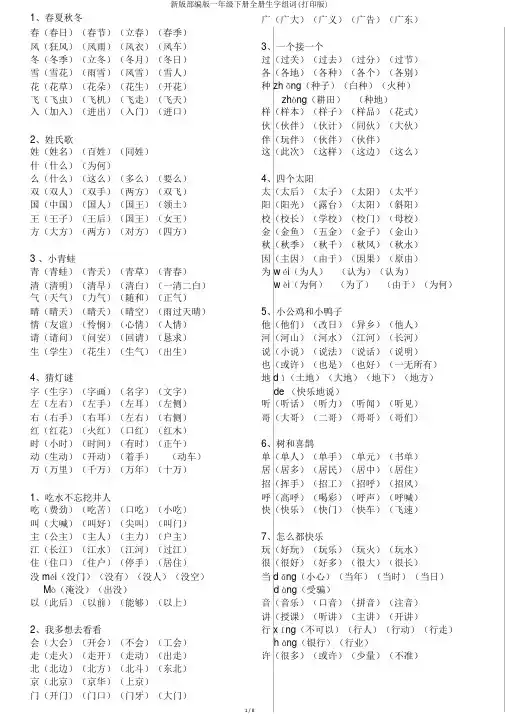 新版部编版一年级下册全册生字组词(打印版)