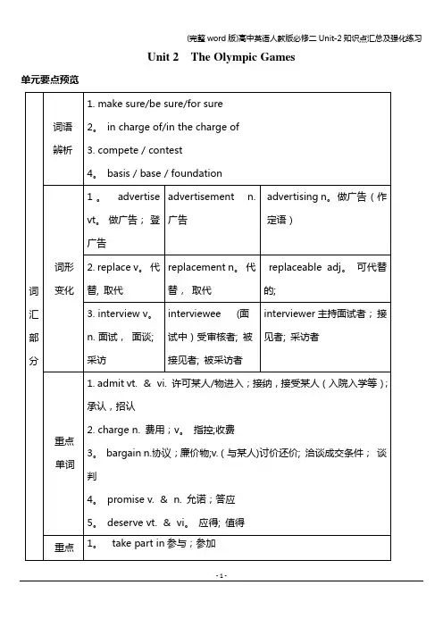 (完整word版)高中英语人教版必修二Unit-2知识点汇总及强化练习