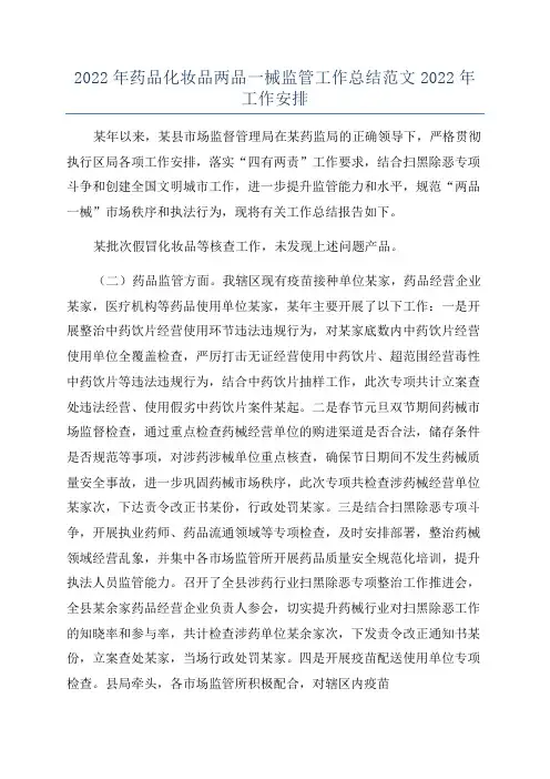 2022年药品化妆品两品一械监管工作总结范文2022年工作安排