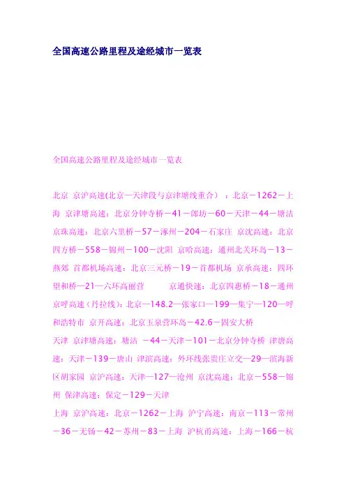 全国高速公路里程及途经城市一览表