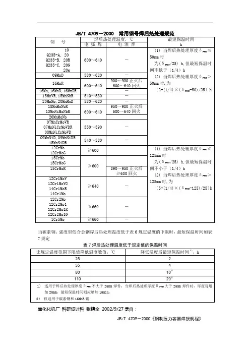JB 4709-2000 常用钢号焊后热处理规范