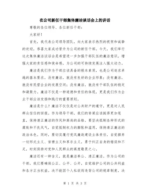 在公司新任干部集体廉洁谈话会上的讲话
