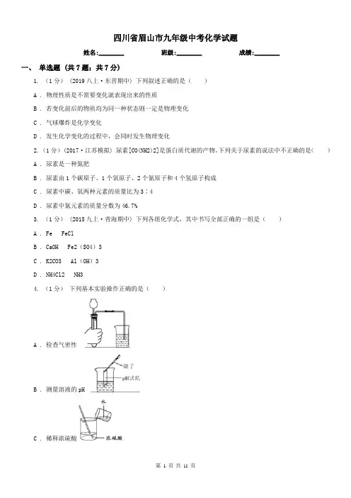 四川省眉山市九年级中考化学试题