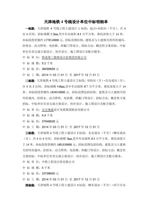 天津地铁4号线中标一览