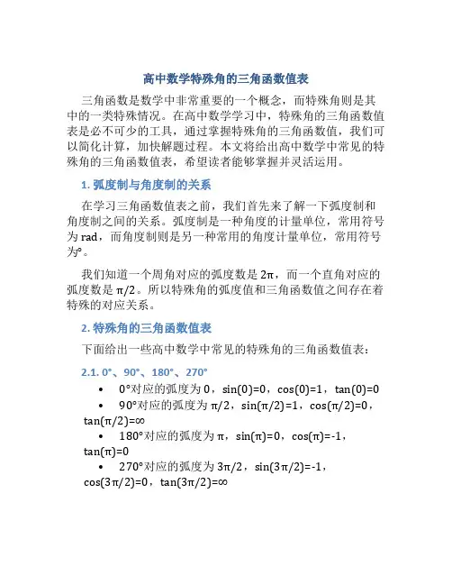 高中数学特殊角的三角函数值表