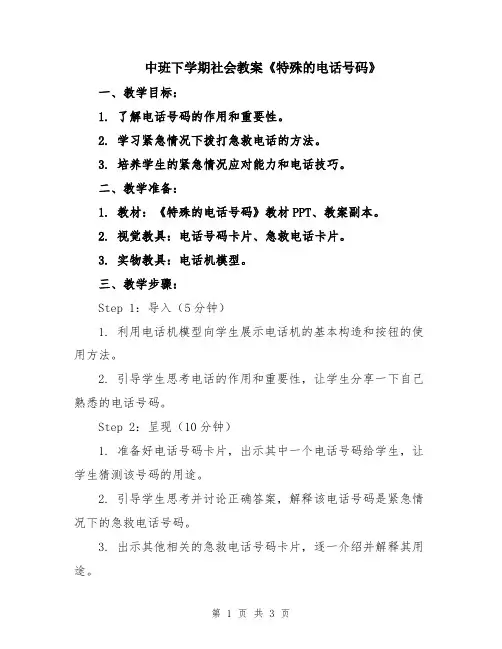 中班下学期社会教案《特殊的电话号码》