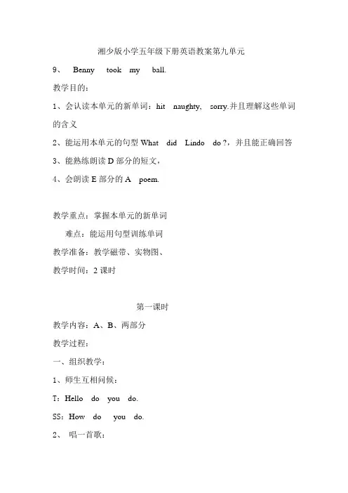 湘少版小学五年级下册英语教案第九单元