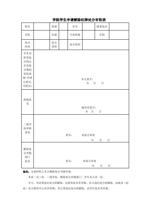 学院学生申请解除纪律处分审批表