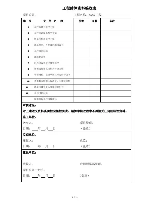 工程结算资料签收表