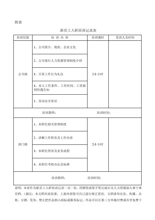 新员工入职培训记录表