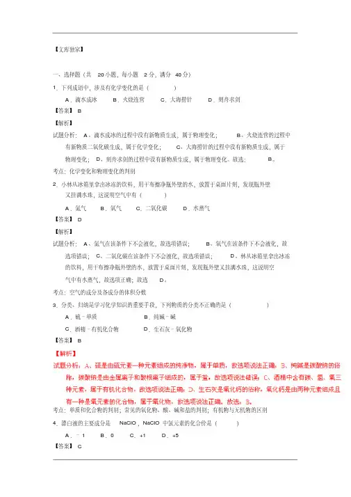 湖南郴州2020中考化学综合模拟测试卷(含解析)