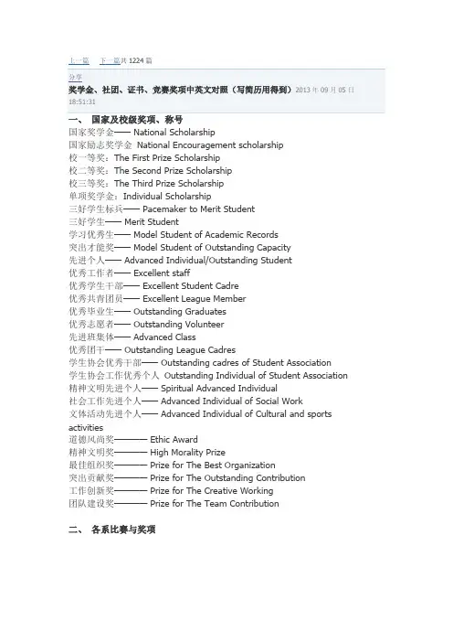 常用证书中英文对照