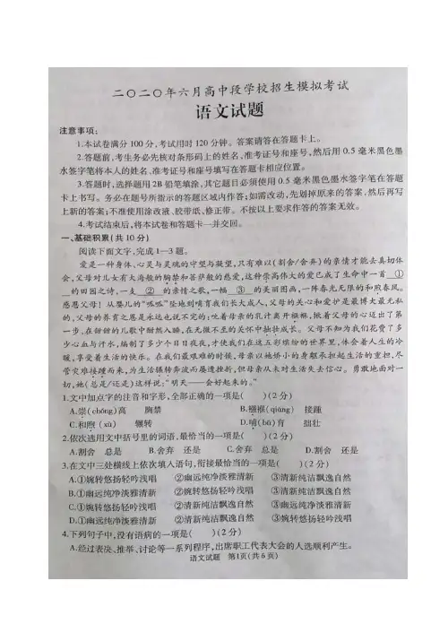山东省济宁市鱼台县2020届第二次模拟(6月)语文试题--带答案--中考模拟--高中段学校招生模拟考试