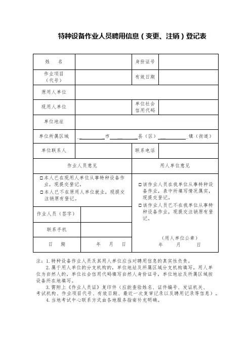特种设备作业人员聘用信息(变更、注销)登记表