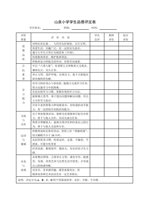 小学生品德评定表