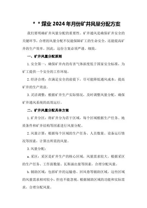 ＊＊煤业2024年月份矿井风量分配方案