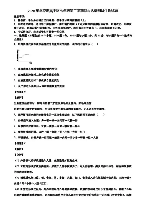 2020年北京市昌平区七年级第二学期期末达标测试生物试题含解析