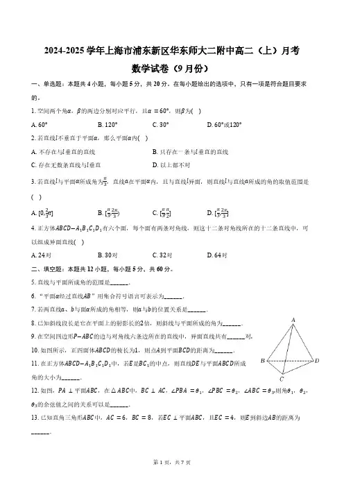 2024-2025学年上海市浦东新区华东师大二附中高二(上)月考数学试卷(9月份)(含答案)