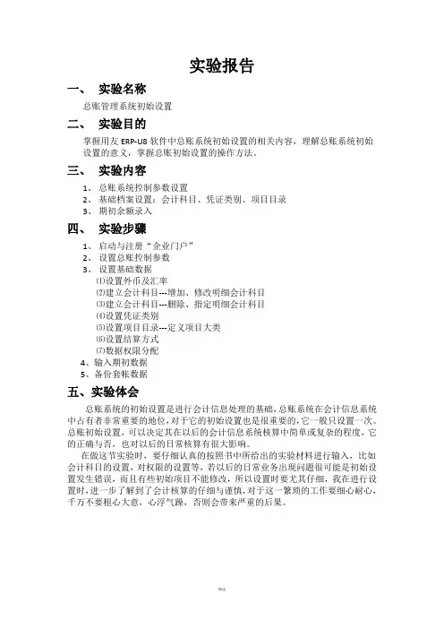 总账初始设置实验报告