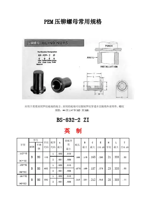PEM压铆螺母常用规格