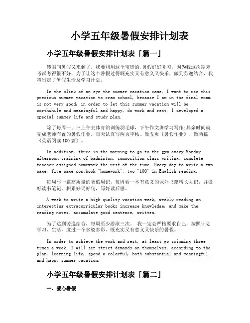 小学五年级暑假安排计划表