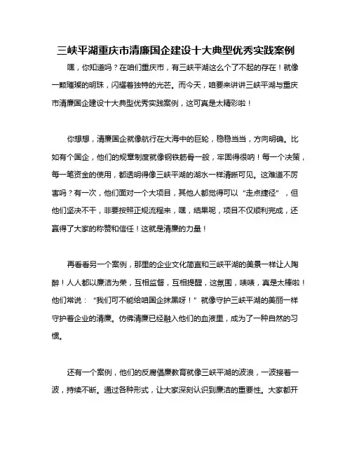 三峡平湖重庆市清廉国企建设十大典型优秀实践案例