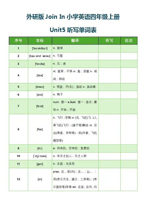 外研版Join In小学英语四年级上册Unit5听写单词表