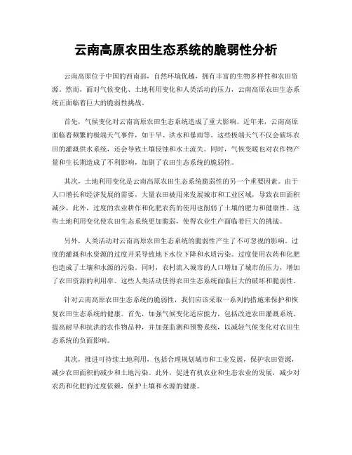云南高原农田生态系统的脆弱性分析