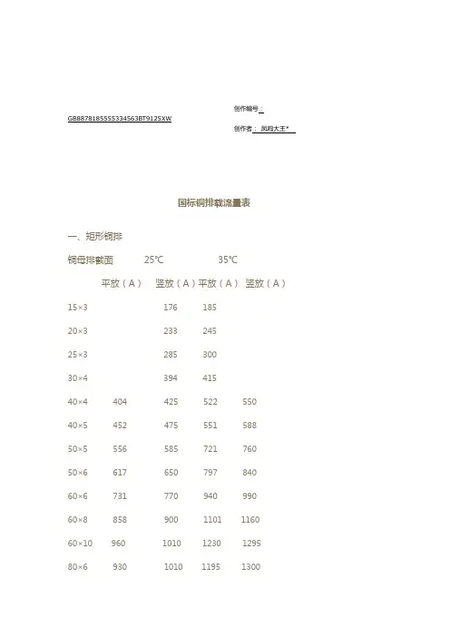 国标铜排载流量表