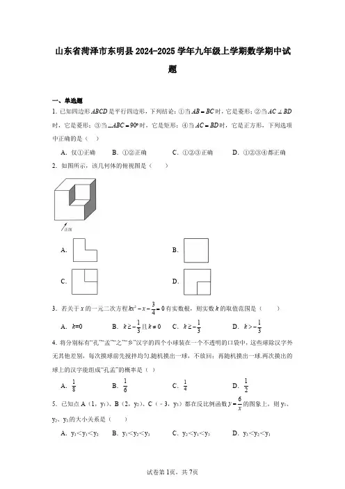 山东省菏泽市东明县2024-2025学年九年级上学期数学期中试题