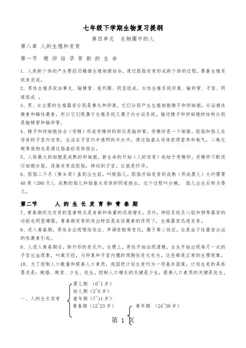 苏教版七年级下学期生物期末复习提纲共10页