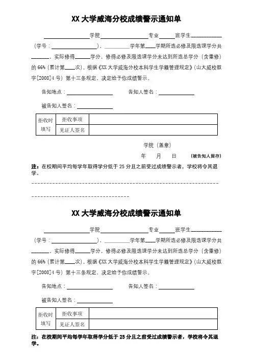 山东大学威海分校成绩警示通知单【模板】