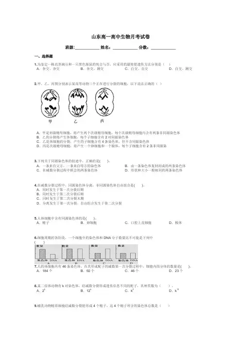 山东高一高中生物月考试卷带答案解析
