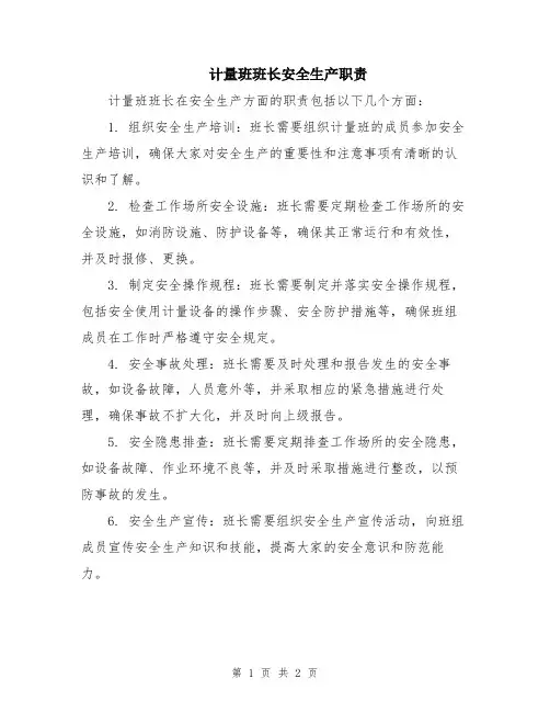 计量班班长安全生产职责