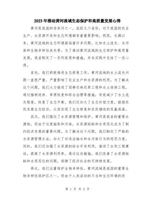 2023年推动黄河流域生态保护和高质量发展心得